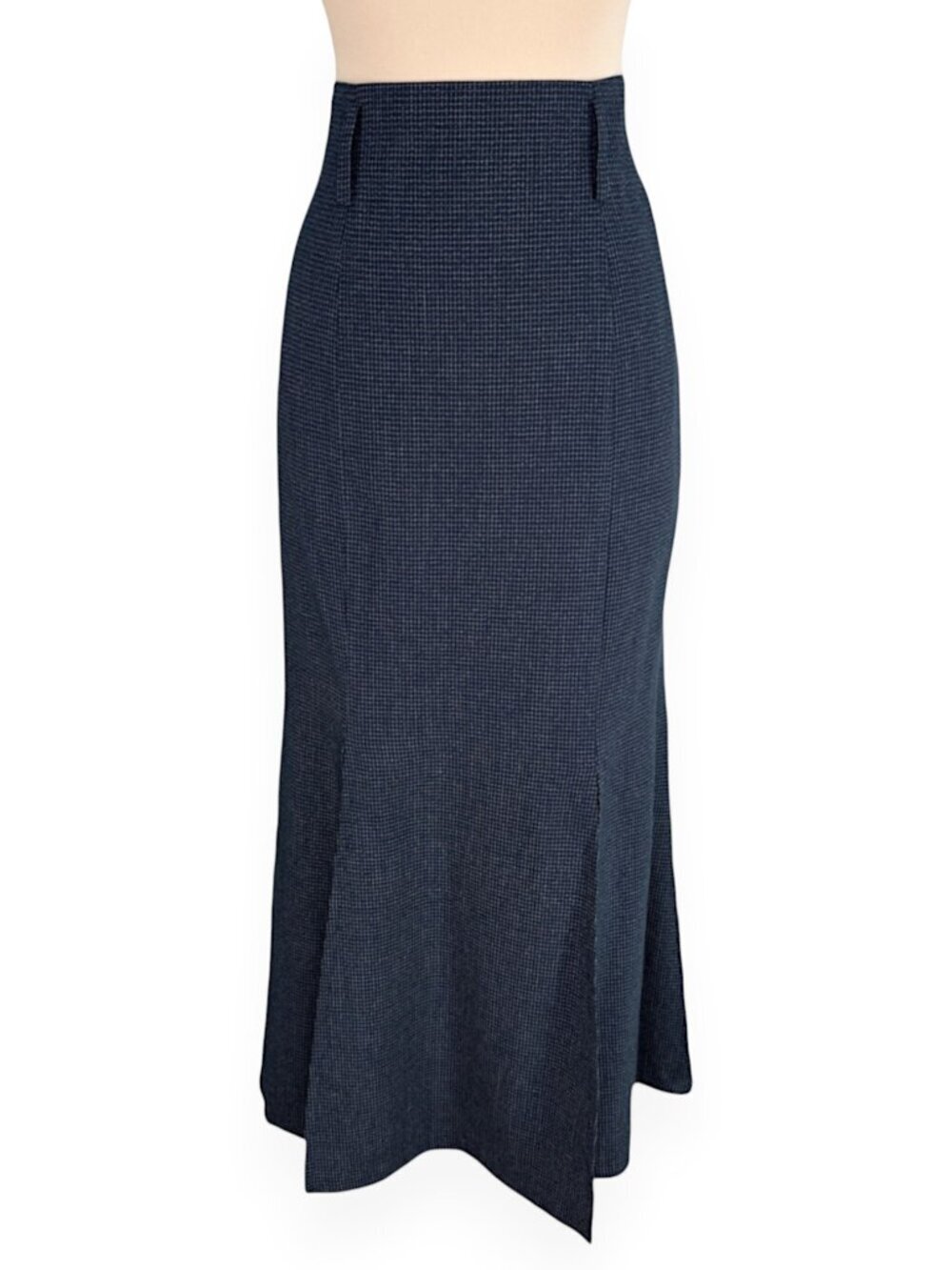 Mondi Vintage Long Navy Windowpane Check Pattern Midi Slit Wool Blend Skirt 38